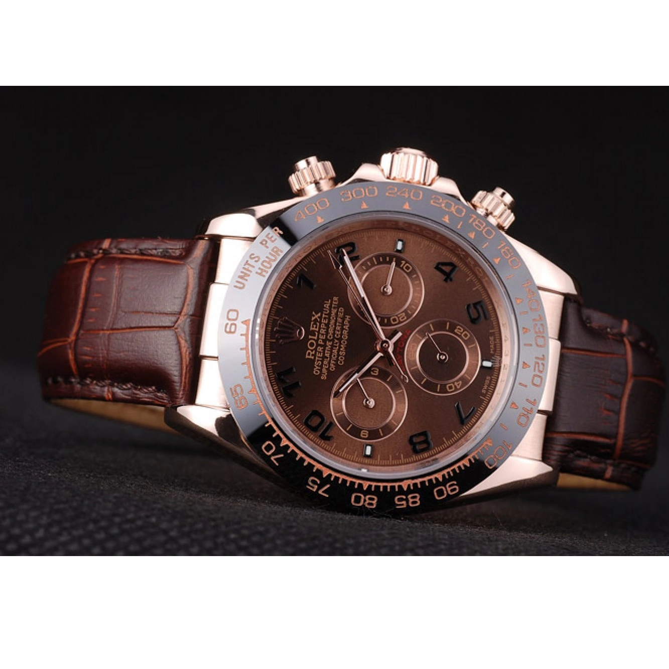 Aaa fake watches Brown Strap Rolex Gold Daytona Leather Rose Brown Dial Case 0820
